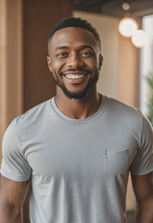 Young, handsome dark skinned man smiling at the viewer, modern hairstyle, gray melange t shirt.の素材