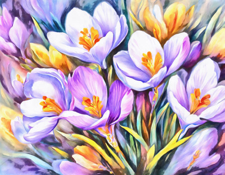 Greeting card or poster retro watercolor illustration with colorful crocus flowers.の素材