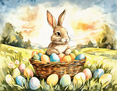 Greeting card or poster retro watercolor illustration with cute bunny and Easter eggs.の素材