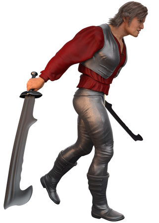 Medieval man warrior in red shirt with two blades, 3D Illustration.の写真素材