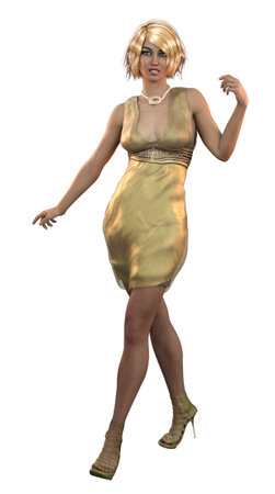 Young blond girl in golden party dress, 3D Illustration.の写真素材