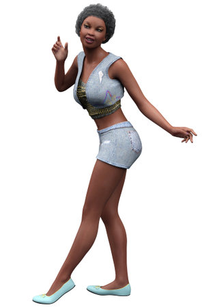 Afro american girl wears summer denim shorts and vest, 3D Illustration.の写真素材