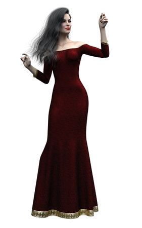 Mysterious woman with black hair in red dress, 3D illustration.の写真素材