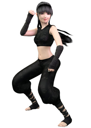 Anime girl ninja in black outfit, 3D Illustration.の写真素材
