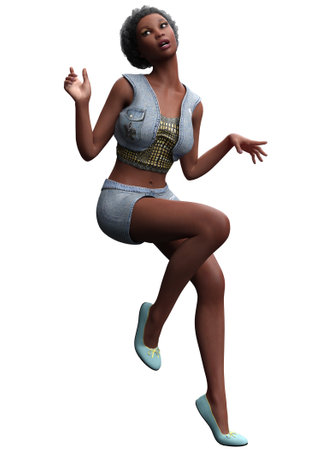 Afro american girl wears summer denim shorts and vest, 3D Illustration.の写真素材