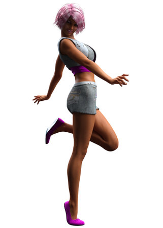 Afro american girl wears summer denim shorts and vest, 3D Illustration.の写真素材