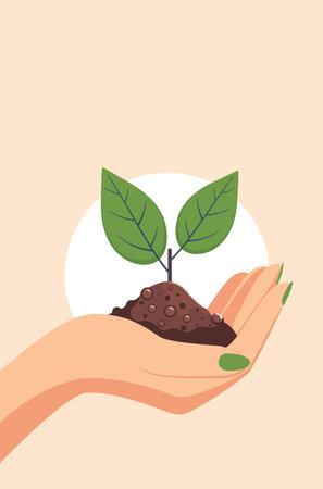 Flat style female hand hold soil with small sprout with two green leaves.のイラスト素材