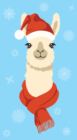 Cute llama wear red christmas hat and scarf illustration.のイラスト素材