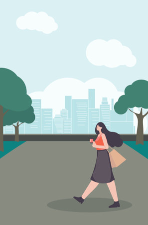 Flat style illustration of a girl walking in the park, and city buildings in the distance.のイラスト素材