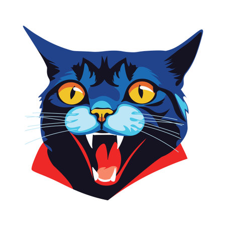 Cartoon spooky vampire cat head in blue colors, Halloween illustration.のイラスト素材