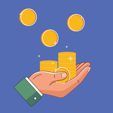 Abstract male hand holding pile of golden coins. Golden money lying on the palm of human hand.のイラスト素材