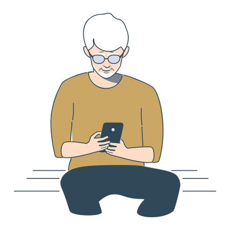 Flat style elder man holding smartphone in hands.のイラスト素材