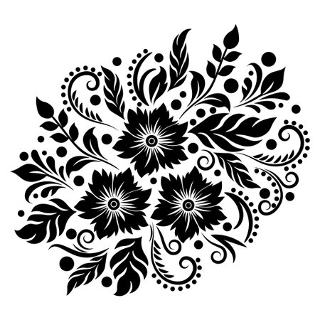 Intricate black and white design with floral elements, flowers and leaves. The monochrome palette, complex floral design, making it an ideal choice for projects seeking a touch of sophistication and artistry.のイラスト素材