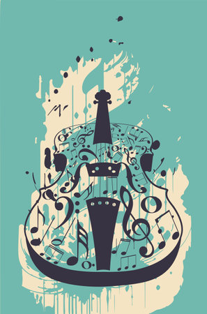 Vintage violin with music notes and grunge paint splatters illustration.のイラスト素材
