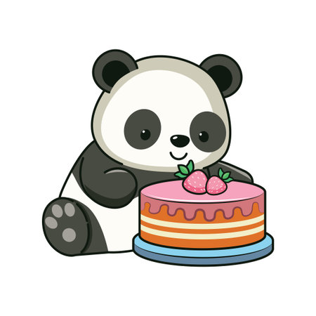 Cute cartoon panda bear with tasty strawberry cake illustration.のイラスト素材