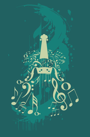 Vintage violin with music notes and grunge paint splatters illustration.のイラスト素材