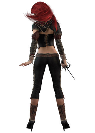 Woman warrior with red hair and black sword, 3D Illustration.の写真素材