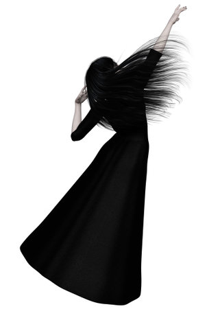 Ghost or witch gothic woman in black medieval dress, 3D Illustration.の写真素材