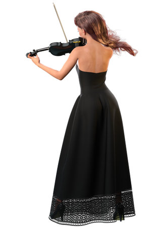 Female violin player in long black dress, 3D Illustration.の写真素材