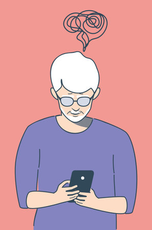 Flat style elder man holding smartphone in hands.のイラスト素材