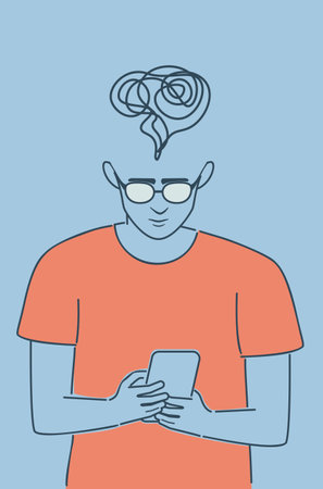Teen boy in orange shirt read from smartphone screen flat style illustration.のイラスト素材