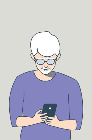 Flat style elder man holding smartphone in hands.のイラスト素材