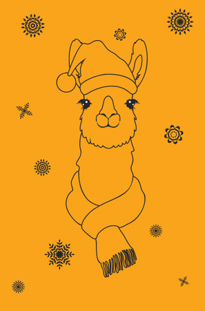 Cute llama wear hat and scarf, decorative snowflakes illustration.のイラスト素材