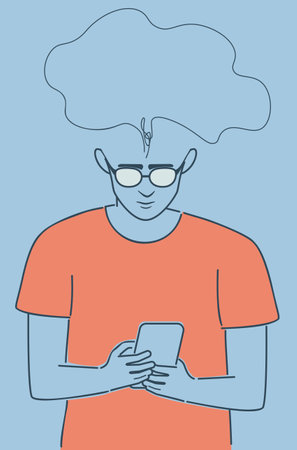 Teen boy in orange shirt read from smartphone screen flat style illustration.のイラスト素材