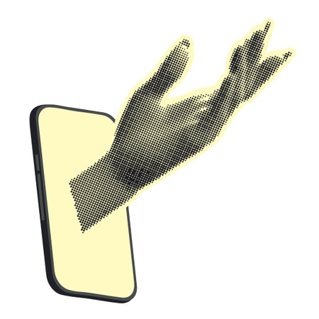 Retro halftone human hand and smartphone illustration.