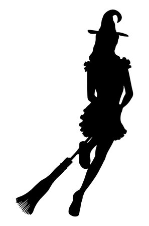 Detailed silhouette of with woman flying on broom illustration.のイラスト素材