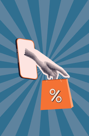 Collage with halftone female hand and shopping bag with percent sign.のイラスト素材