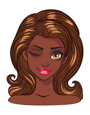Young cartoon dark skinned woman with big eyes, long eyelashes and dark brown hair winking. Expressive girl, female avatar.のイラスト素材