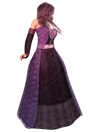 Medieval fantasy woman in purple ball gown, 3D Illustration.の写真素材