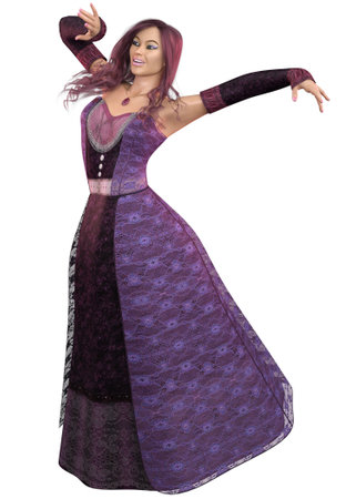Medieval fantasy woman in purple ball gown, 3D Illustration.の写真素材