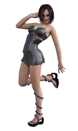 Attractive young woman wearing urban fantasy outfit, black dress and boots. Isolated 3D illustration.の写真素材