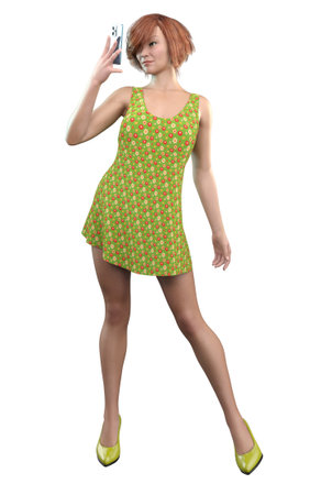 Young woman in short green dress with floral pattern, 3D Illustration.の写真素材