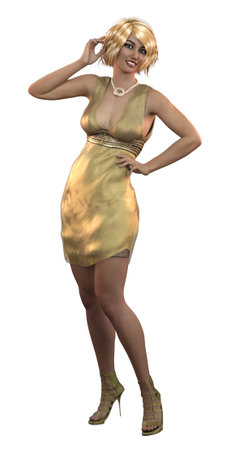Young blond girl in golden party dress, 3D Illustration.の写真素材