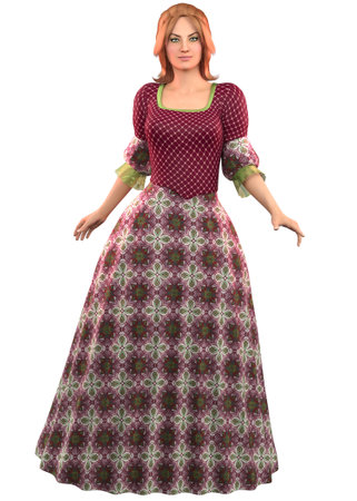 Woman in colorful medieval style dress, 3D Illustration.の写真素材
