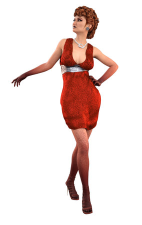 Young woman in fashion cocktail red sequin dress, 3D Illustration.の写真素材