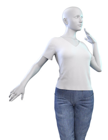 Casual outfit, female mannequin wears white t shirt and jeans, 3D Illustration.の写真素材