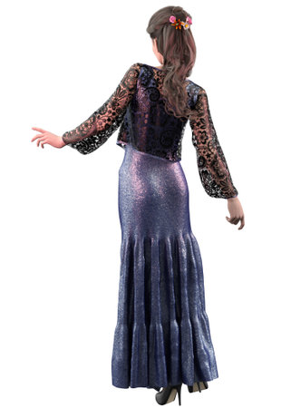 Young woman in a blue dress and black lace blouse, 3D Illustration.の写真素材