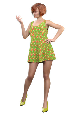 Young woman in short green dress with floral pattern, 3D Illustration.の写真素材
