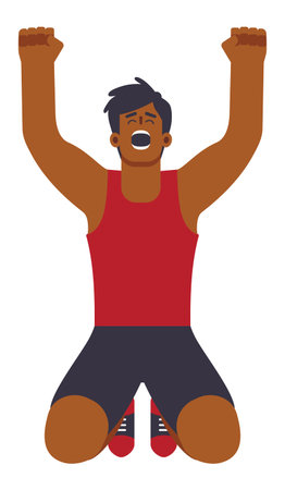 Cartoon happy dark skinned man, athlete sitting on the ground with hands raised in celebration, flat vector illustration, wearing red tank top.のイラスト素材