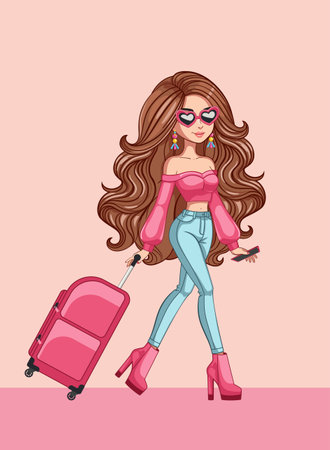Cartoon brunette girl in heart shaped sunglasses with luggage walking and holding a pink bag and travel suitcase, full body pictures, wearing jeans and pink crop top.のイラスト素材