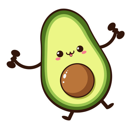 Funny cartoon avocado character doing exercises with dumbbells. Eating healthy and fitness concept illustration.のイラスト素材