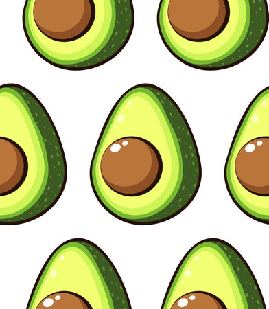 The concept of healthy eating, keto diet. Avocado in cartoon style seamless pattern. Flat vector illustration for print fabric design.のイラスト素材