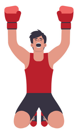Man in boxing gloves sitting on the ground with arms raised, flat vector art, wearing red tank top. athlete in the moment of victory.のイラスト素材