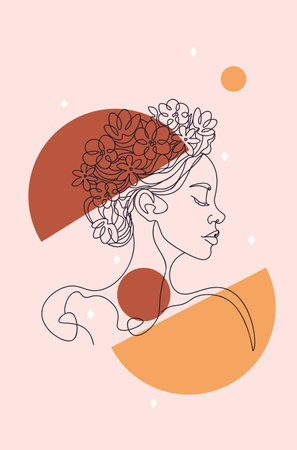 Floral feminine Illustration line drawing with abstract shapes. Woman portrait with flowers on the head, line art style.のイラスト素材