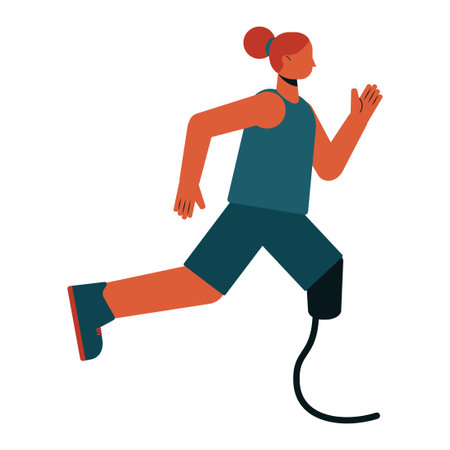 Illustration of abstract woman running competition with leg prostheses in a tank top and shorts. Running paralympic athlete flat design illustration.のイラスト素材