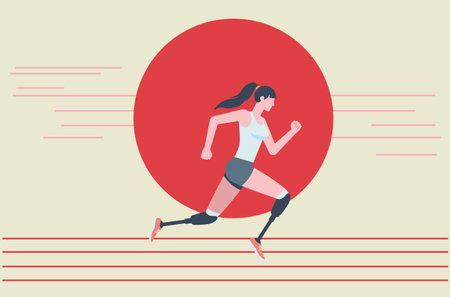 Illustration of a woman running competition with leg prostheses in a blue tank top and blue shorts. Running paralympic athlete flat design illustration.のイラスト素材